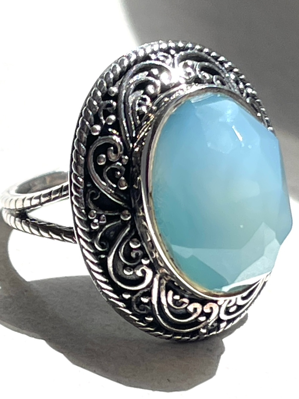 Vintage Sajen Ornate Sky Blue Quartz Faceted Statement Ring 925 Sterling 7